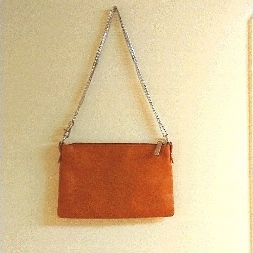 Cognac brand purse, tan leather, silver chain strap